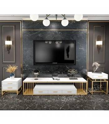 TVS 014, TV Console w Marble top + High/Low TV side tables